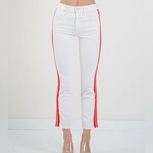 MOTHER Mid-Rise Dazzler Crop Jeans Whipped Cream Red Side Stripe Size 26‎